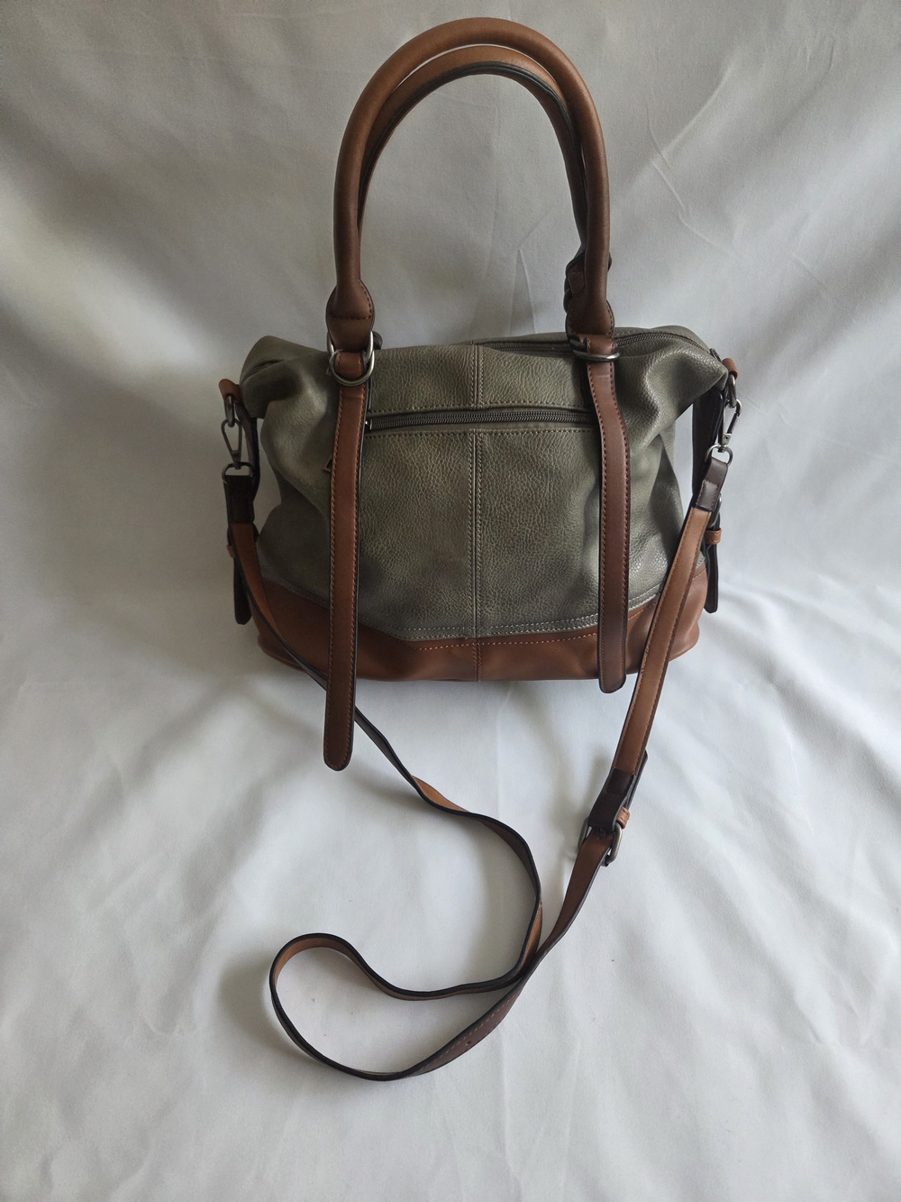 Bella Milano Two-Tone Satchel Tote Crossbody Bag - Olive Gray & Brown